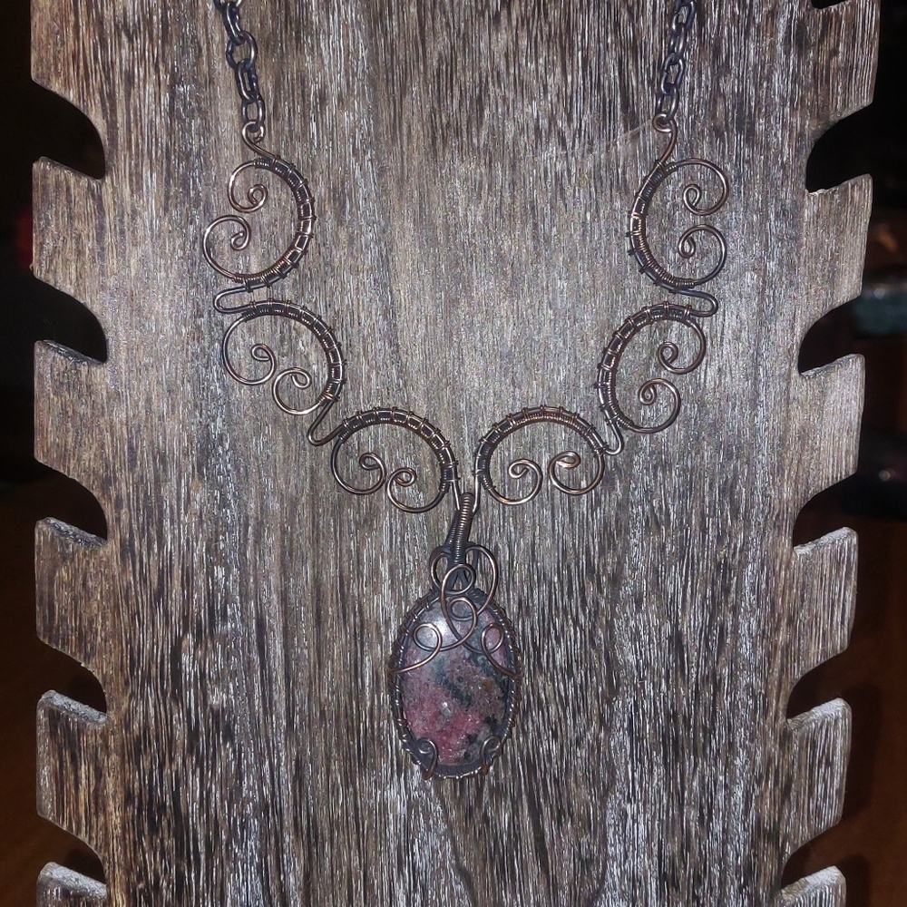 Wire Wrapped Rhodonite Necklace - Picture 2 of 5